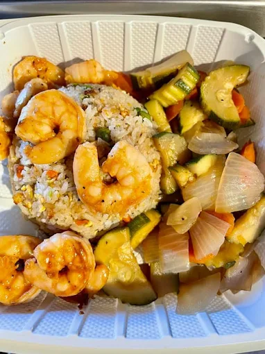 Shrimp hibachi plate with fried rice and grilled vegetables from Asian Fusion in Clayton, NC